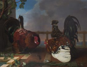 Two Cocks Fighting over a Tufted Hen