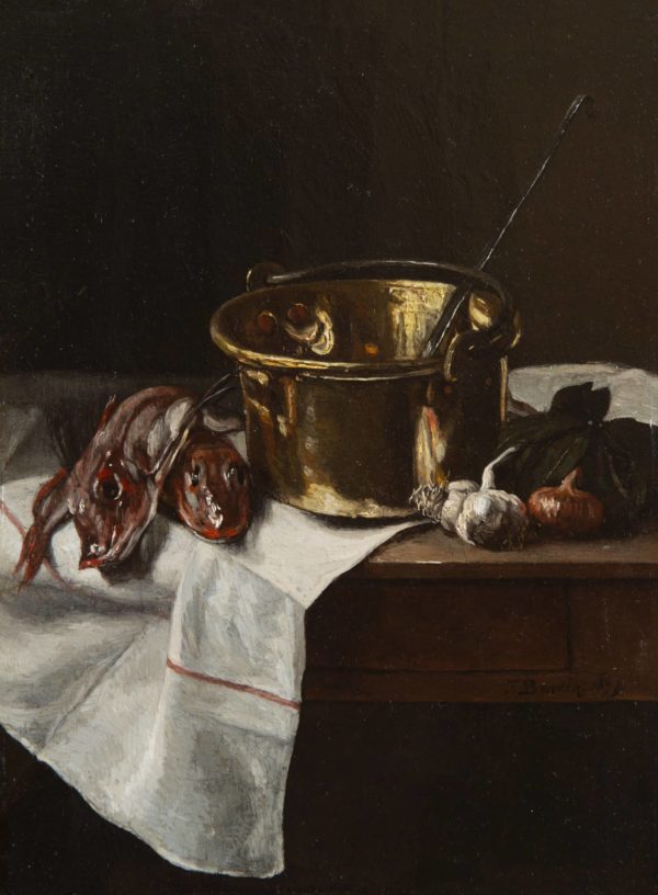 François Bonvin, Still Life with Piper Gurnard, Cauldron and Garlic