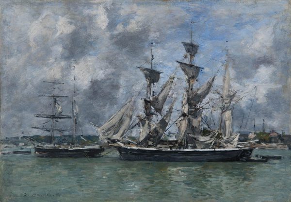 Three-masted ship in port