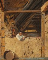 Peter Christian Skovgaard leaning against a low Wall in a Barn